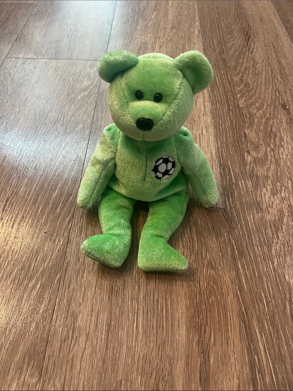 Vintage 1999 Beanie Baby Kicks Green Plush Teddy Bear with Soccer Patch